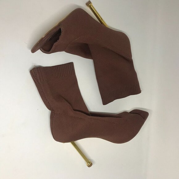 Liliana Brown Fabric Knit Sock High Heel Peep Toe Stiletto Booties Size 10 - Picture 2 of 8